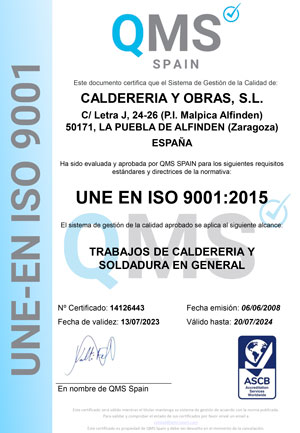 ISO 9001:2015 CALDERERIA Y OBRAS